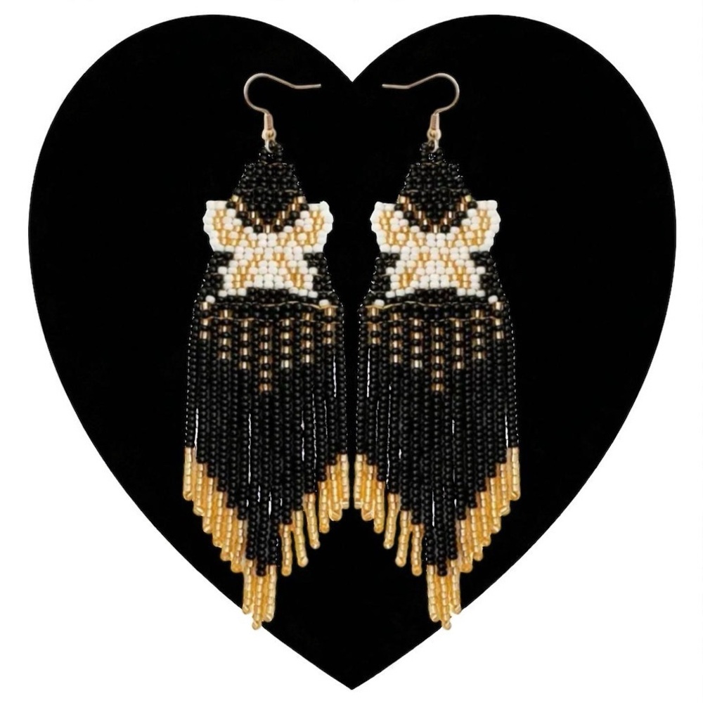 Black and Gold Bow Pattern Beaded Tassel Earrings. New.